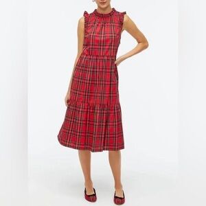 J.Crew Factory Tiered ruffle midi dress red plaid.